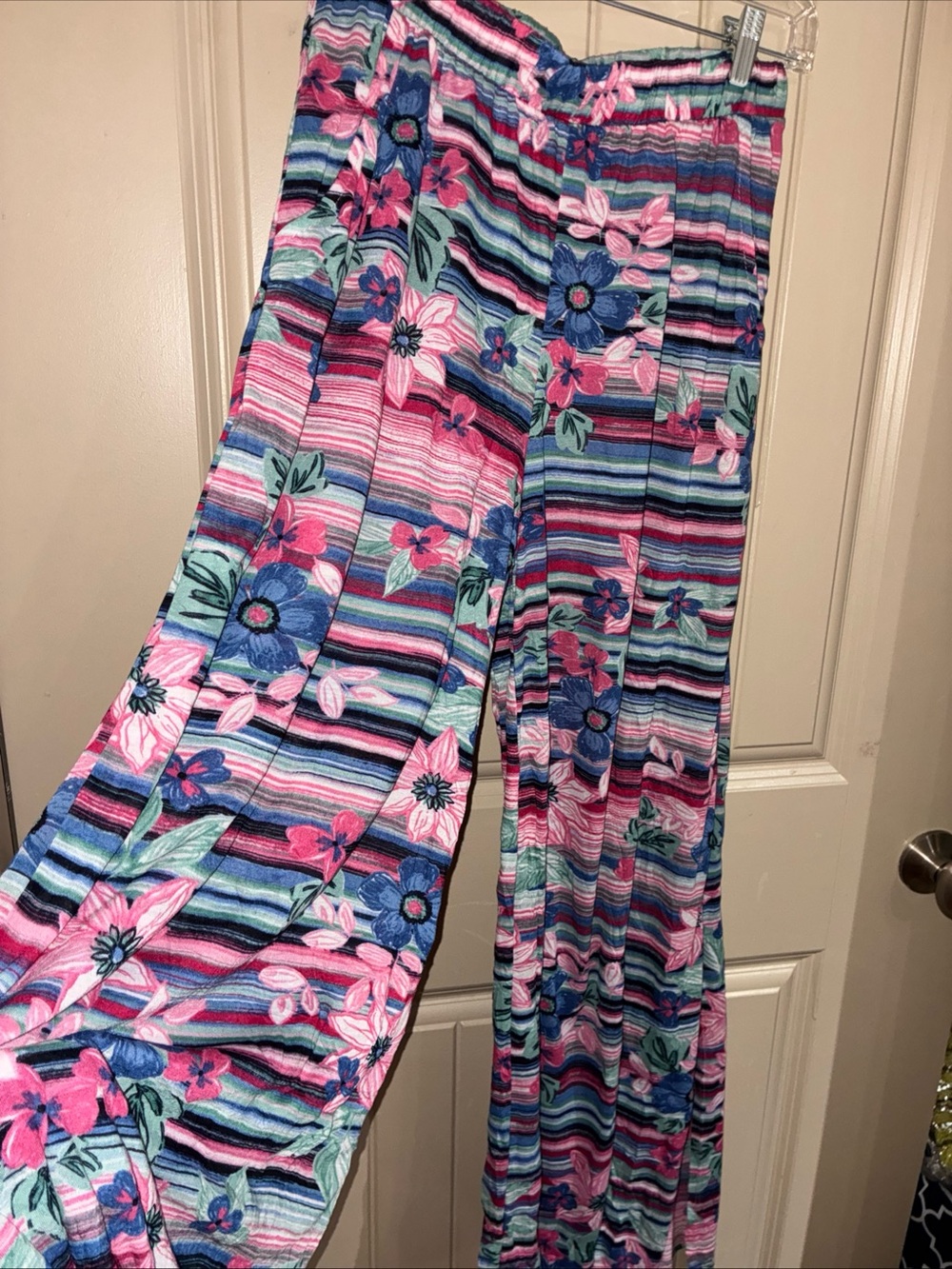 Floral Stripe Wide-Leg Pants - Pink & Blue